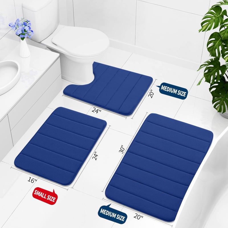 Buganda Memory Foam 3 Pieces Bathroom Rugs Set - Thick Soft Absorbent Non-Slip Bath Mats, Washable Small/Large/Contour Bath Rugs (24" x 16" + 30" x 20" + 24" x 20", Navy Blue) - Image 2